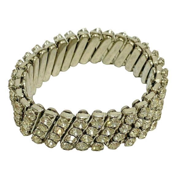 Vintage Mid Century Accordion Stretch Bracelet Silver Tone & White Rhinestones - Picture 1 of 6